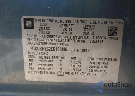 2014 Chevrolet Silverado 1500 1Lt из США, поврежденный, VIN 3GCUKREC2EG160306